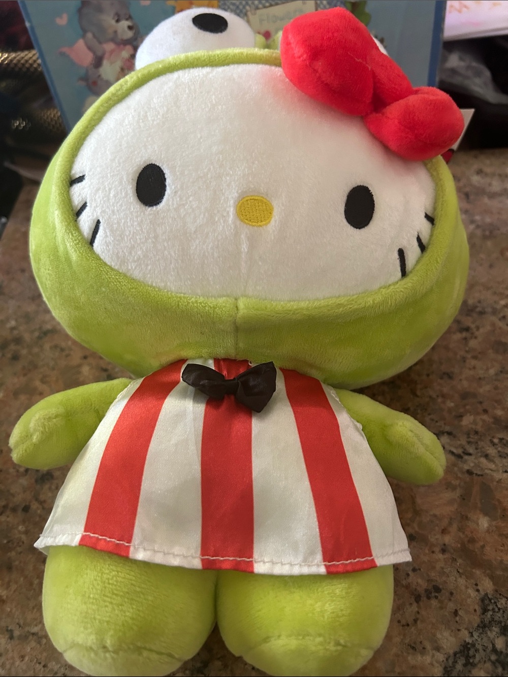 Hello Kitty Plush in Lime Green Hood with Red Bow and Striped Dress